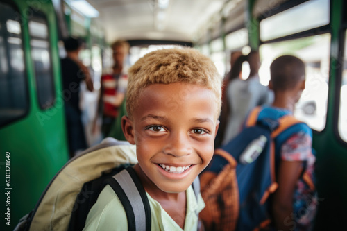 Portrait of smiling happy multi-ethnic elementary school boy with a backpack on his back in the background of a school bus. Fictional person. Generated Ai