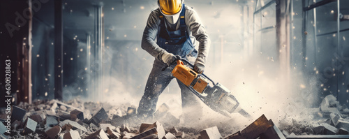 Worker on construction use jackhammer heavy duty equipment. photo