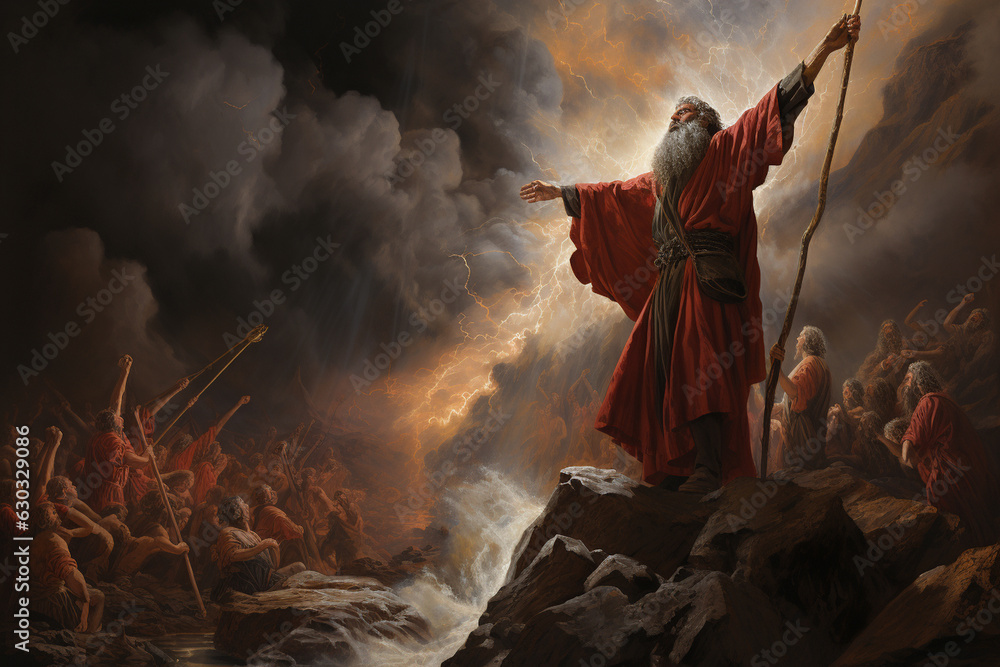 A dramatic portrayal of Moses raising his staff to part the Red Sea, allowing the Israelites to