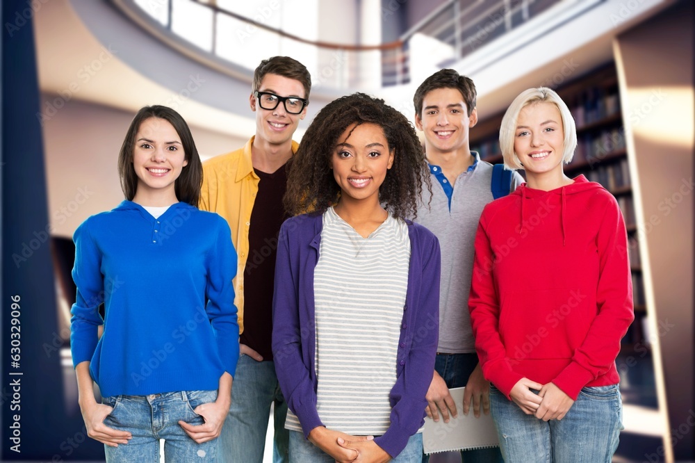 Group of happy university friends in class, AI generated image Group of happy university friends in class, AI generated image