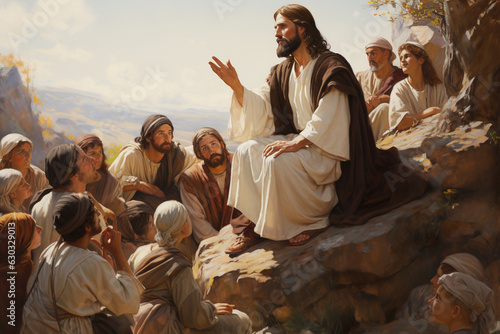 Jesus delivering the Sermon on the Mount, conveying His teachings and the Beatitudes to the crowd Generative AI