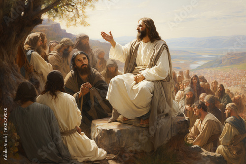 Jesus delivering the Sermon on the Mount, conveying His teachings and the Beatitudes to the crowd Generative AI photo