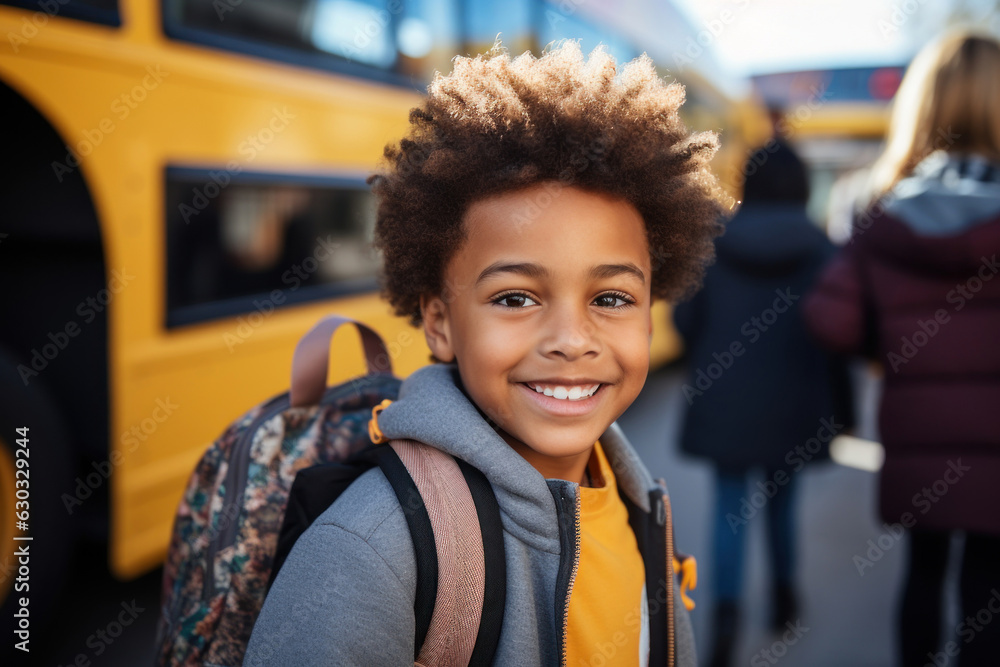 Portrait of smiling happy multi-ethnic elementary school boy with backpack on his back in the background of the school bus. Autumn. The boy wearing a warmer autumn jacket. Fictional person. Ai Portrait of smiling happy multi-ethnic elementary school boy with backpack on his back in the background of the school bus. Autumn. The boy wearing a warmer autumn jacket. Fictional person. Ai