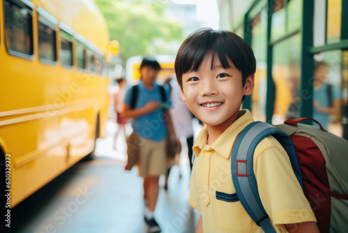 Portrait of smiling happy chinese elementary school boy with a backpack on his back in the background of a school bus. Fictional person. Generated Ai