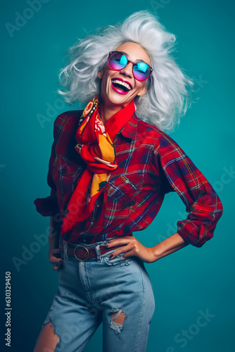 Woman with white hair wearing red plaid shirt and blue jeans with scarf around her neck.