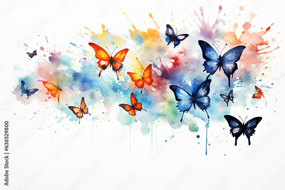 Watercolor painting of colorful butterflies on white background, Generative AI
