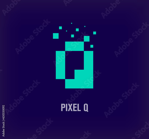 Creative pixel letter Q logo. Unique digital pixel art and pixel explosion template. vector
