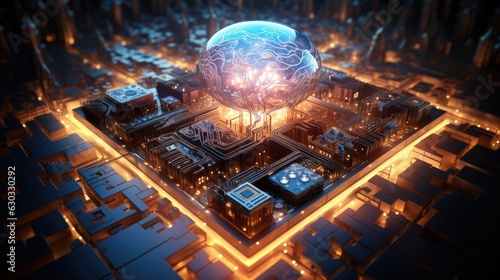 Human brain with circuit board, Ai chipset with human brain on computer circuit board. Artificial intelligence, Data mining, and Deep learning modern computer technology. Ai CPU concept.