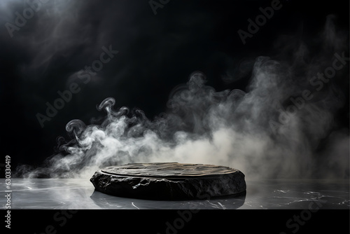 A round podium with fog and smoke on a black background, can be used for display or montage your products AI Generative