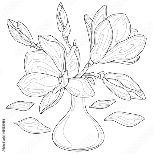 Magnolias in a vase.Coloring page antistress for children and adults. Illustration isolated on white background.Zen-tangle style. Hand draw