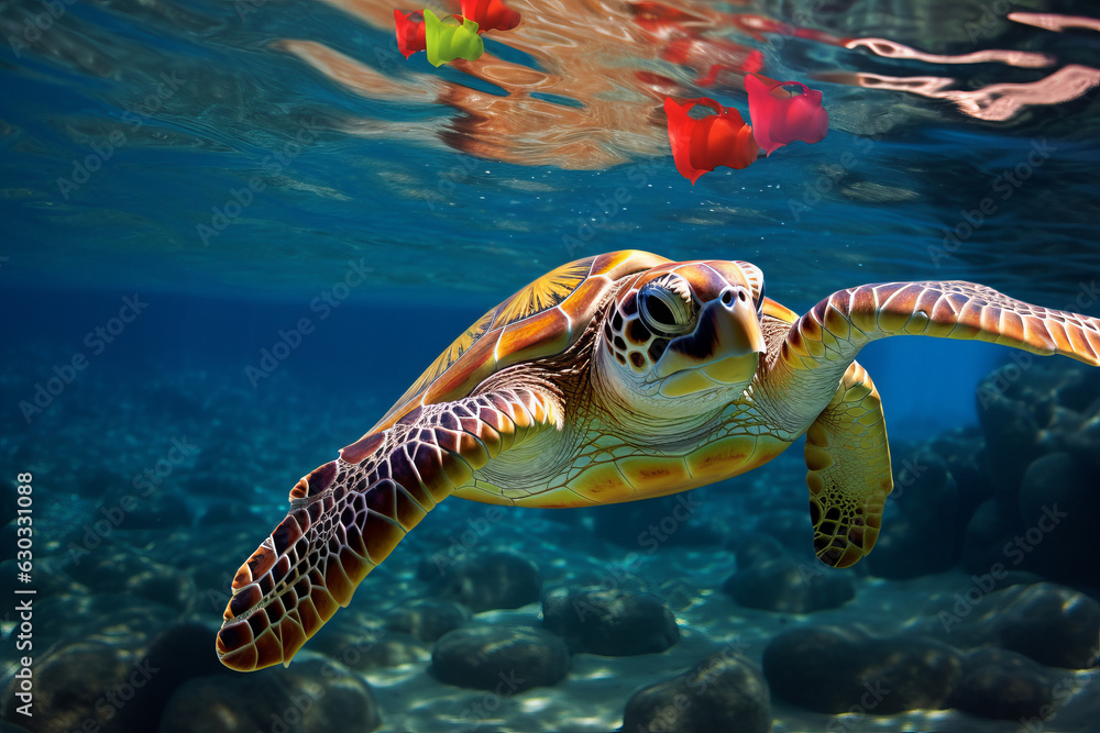 Obraz premium A turtle flossing in the sea