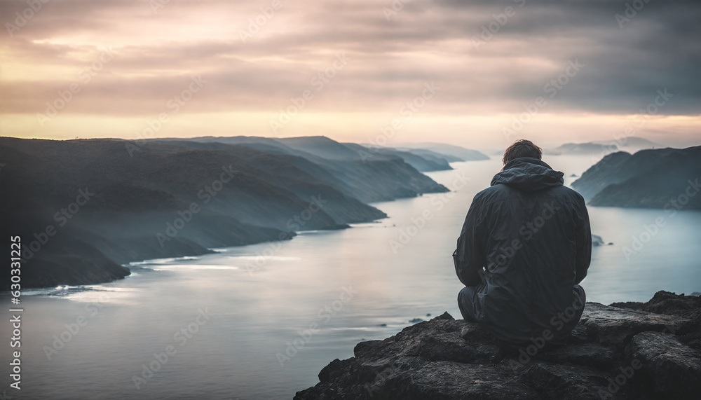 Silhouette of a person sitting on top of the mountain deep in thought. Abstract depiction of loneliness, depression and anxiety. Concepts of mental health and well being.