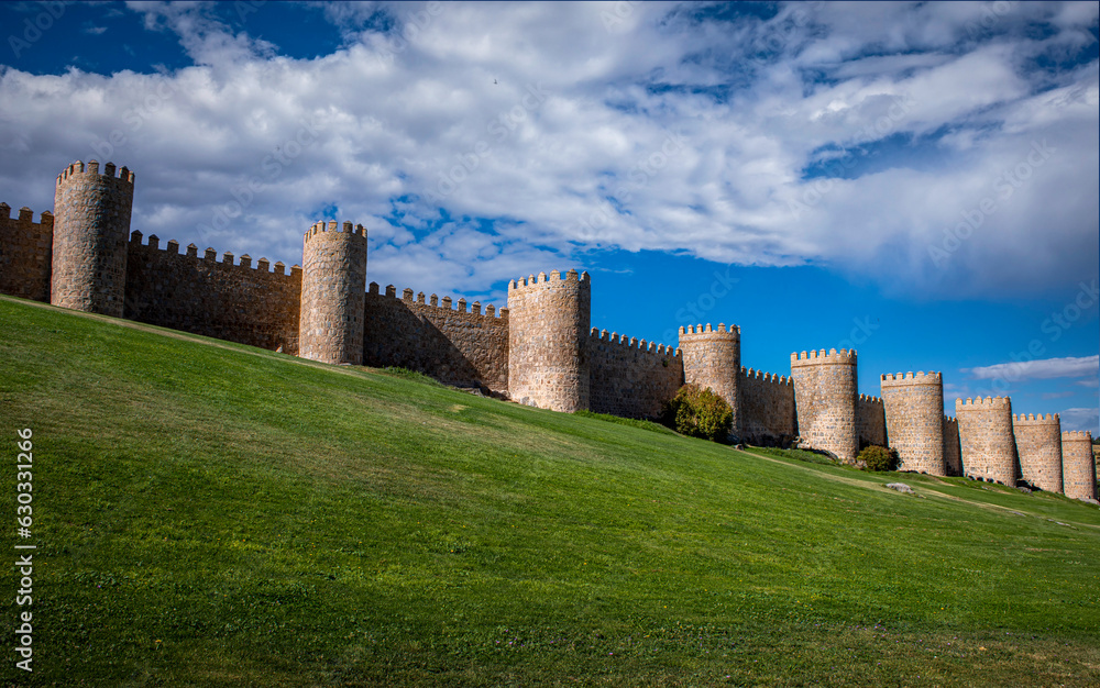 View of the wall with its towers of Ávila, Castilla y León, Spain, World Heritage Site, with natural light