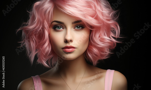 Emotion pink wig woman. Pink lips makeup