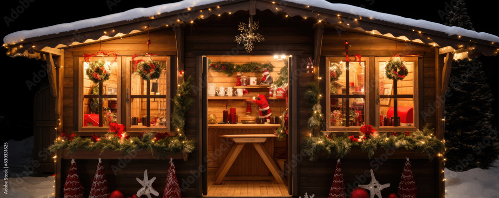 Winter christmas Market Stalls decortative. wide banner Winter christmas Market Stalls decortative. wide banner