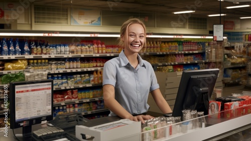Female cashier at grocery store