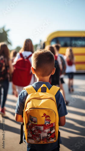 A school-aged boy dressed in his favorite t-shirt with pattern backpack on his back wanders toward the school bus. Warm sunny day. Back to school. Fictional person. Generated Ai © ABCreative