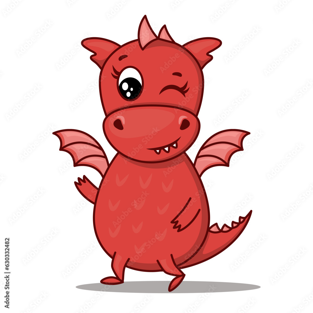 Dragon cartoon character. Cute winking red dragon. Sticker emoticon with winking, joke, flirtation, hidden meaning, general positivity. Vector illustration on white background