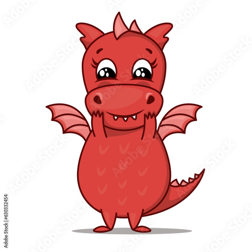 Dragon cartoon character. Cute red dragon. Sticker emoticon with liking, endearment, goodwill, adoration, sweetheart emotion. Vector illustration on white background