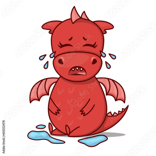 Dragon cartoon character. Cute red dragon loudly crying. Sticker emoticon with cry emotion. Vector illustration on white background