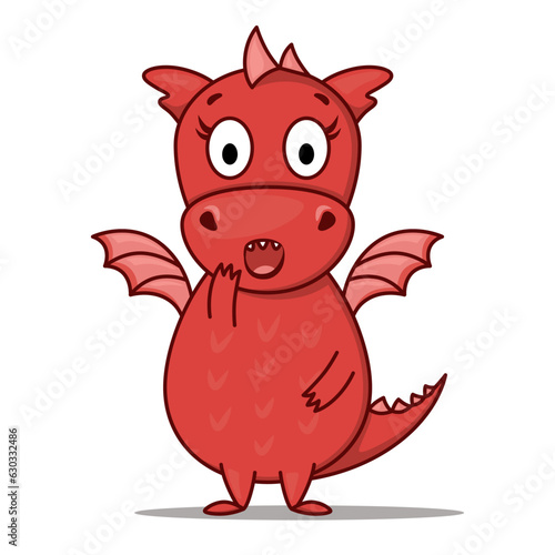 Dragon cartoon character. Cute surprised red dragon. Sticker emoticon with surprise emotion. Vector illustration on white background