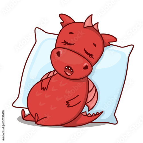 Dragon cartoon character. Cute sleeping on big pillow red dragon. Sticker emoticon with sleep, dreaming, nap, relaxing, rest emotion. Vector illustration on white background
