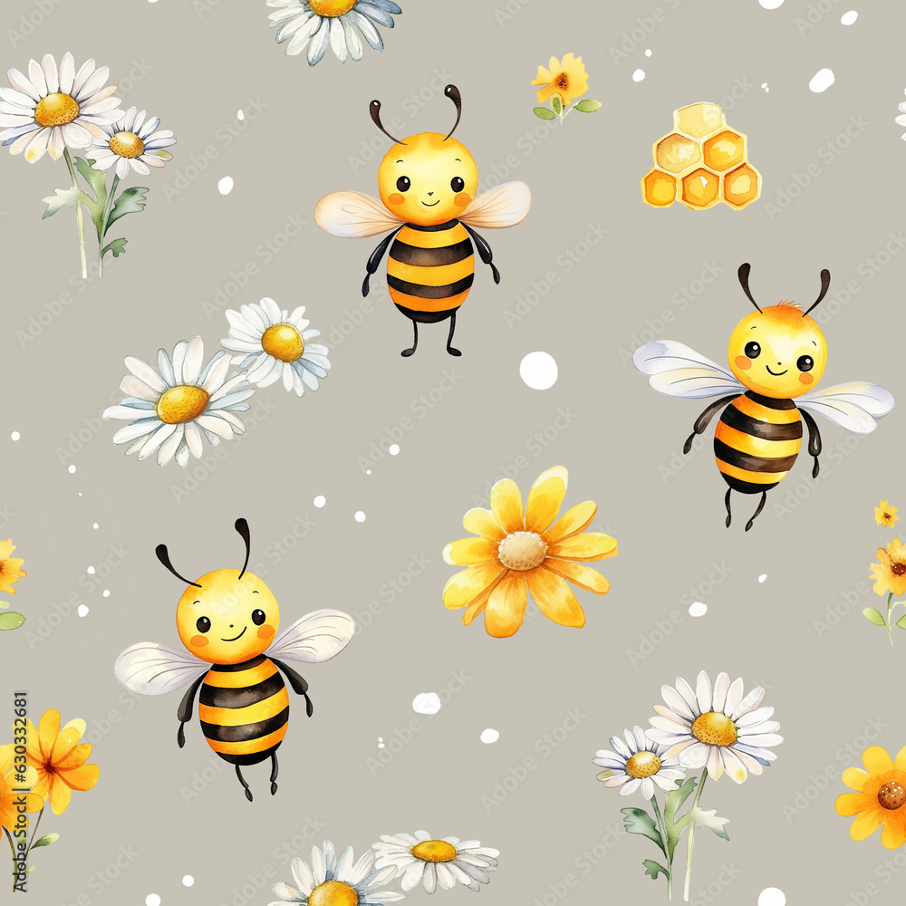 Seamless pattern with watercolor cute cartoon bee and flowers Seamless pattern with watercolor cute cartoon bee and flowers