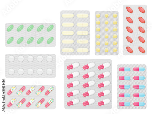 Set of pills in different blister pack isolated on white