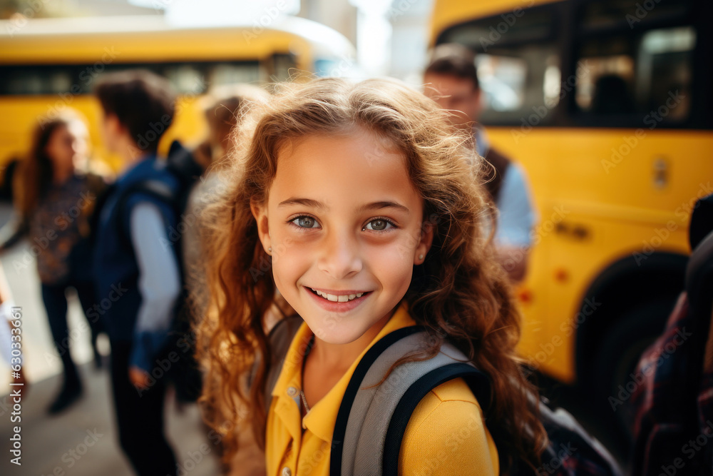 A red-haired freckled elementary school girl boards a yellow school bus. The schoolgirl is happy. The girl dressed in her favorite t-shirt. Back to school. Fictional person. Generated Ai A red-haired freckled elementary school girl boards a yellow school bus. The schoolgirl is happy. The girl dressed in her favorite t-shirt. Back to school. Fictional person. Generated Ai