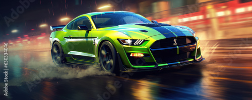 Ford mustang in lime color.  Car race in night city vivid color super speed.