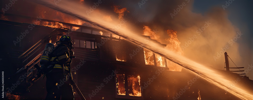 Fireman with hose in action. The house is on fire background