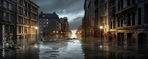 Extreme rainfall concept. Flood with high water disaster in city, flooding houses and rising water.