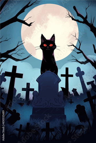 Halloween background with black cat and full moon. AI generated