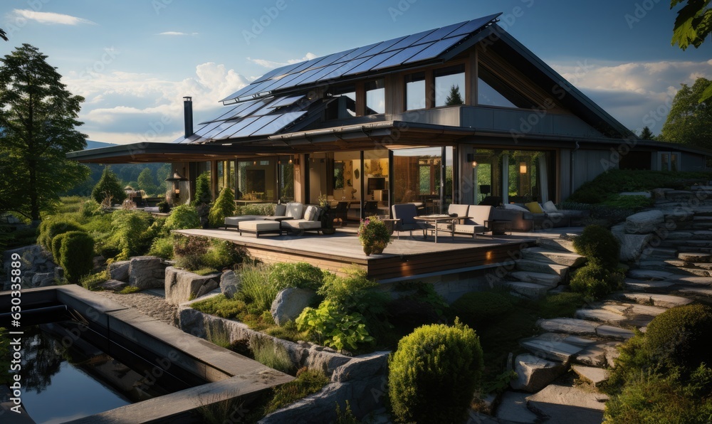 Photovoltaic system on the roof of a sustainable house