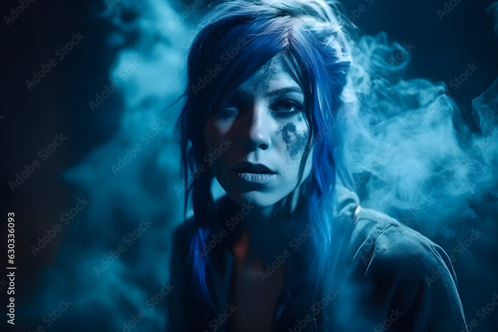 A beautiful young woman made from blue smoke, cinematic lighting. Generative AI
