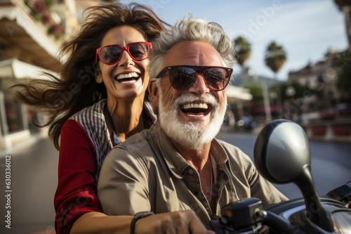 Husband and wife ride a scooter by the seaside, capturing a romantic portrait that reflects their deep love and affection for each other in the idyllic coastal setting. Fictional people. Generated Ai.