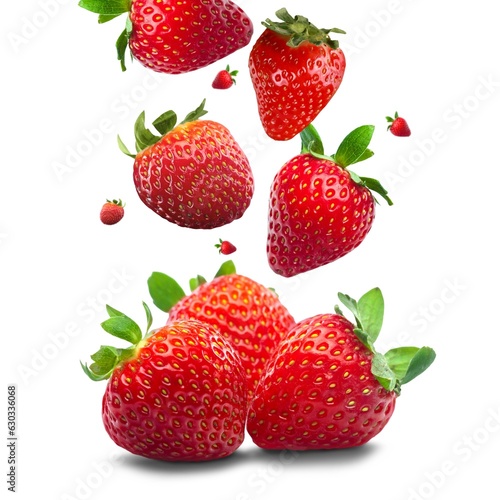 Falling juicy fresh ripe sweet strawberries with leaves