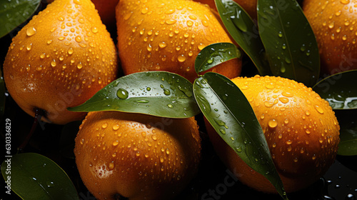 Pears background, adorned with glistening raindrops of water. top down view. shot using a dsIr camera, iso 800. professional color grading, Created with Generative AI Technology. photo