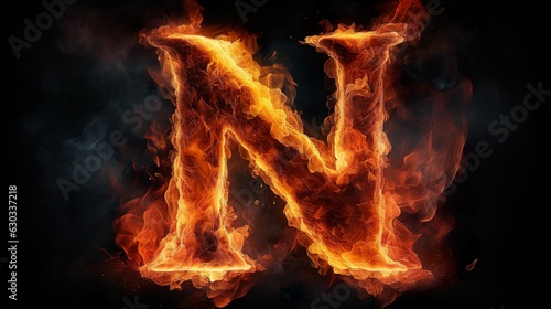 3D letter N in blazing fire on black background