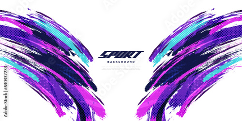 Abstract and Colorful Brush Background with Halftone Effect. Sport Banner. Brush Stroke Illustration. Scratch and Texture Elements For Design