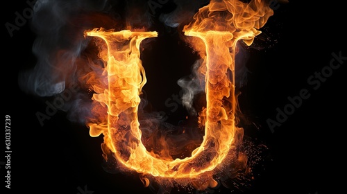 3D letter U in blazing fire on black background