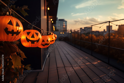 Urban balcony decorated with garland of pumpkin lights.  Halloween decorations. 