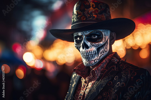 Portrait of a man with sugar skull mask wearing fancy hat and clothing on dark blurred background. Dia de los muertos. Day of The Dead. Copy space.