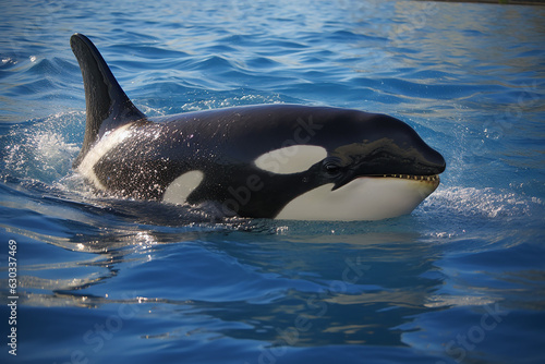 Impressed by the power of killer whales that swim and jump freely in the ocean. Generative AI. © cwa
