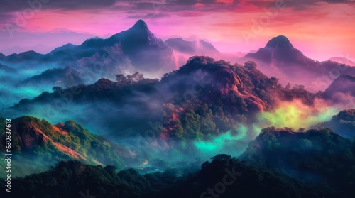 Mountains in mist and mysterious colored light.