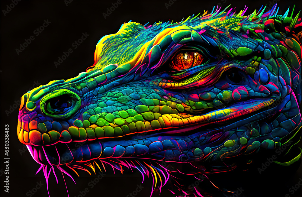 Crocodile alligator in abstract, graphic highlighters lines rainbow ultra-bright neon artistic portrait, commercial, editorial advertisement, surrealism. Isolated on dark background