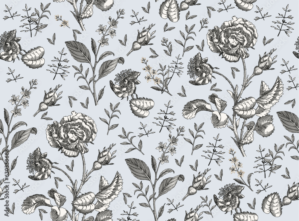 Seamless pattern Roses wildflowers. Beautiful fabric blooming realistic isolated flowers Vintage background Wallpaper baroque. Drawing engraving Vector victorian illustration