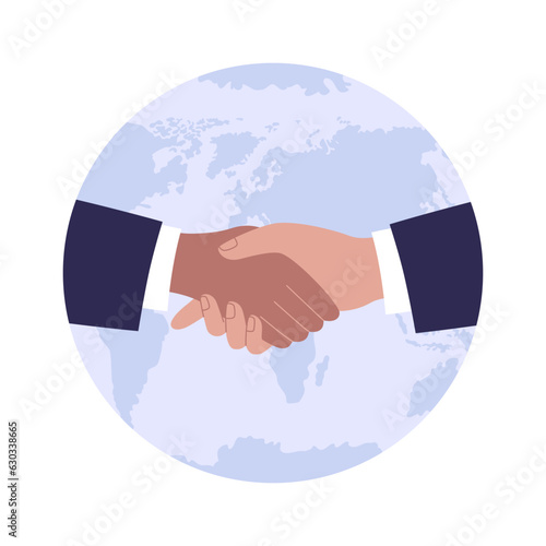 Handshake of business partners with a world map on the background. Vector flat style illustration