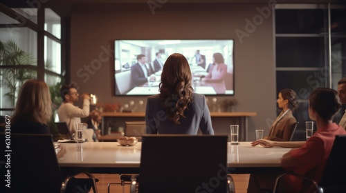 rear view of busines woman confident present business plan strategy goal and vision to her client and staff team or ceo in conference meeting room modern interior office background,ai generate © VERTEX SPACE