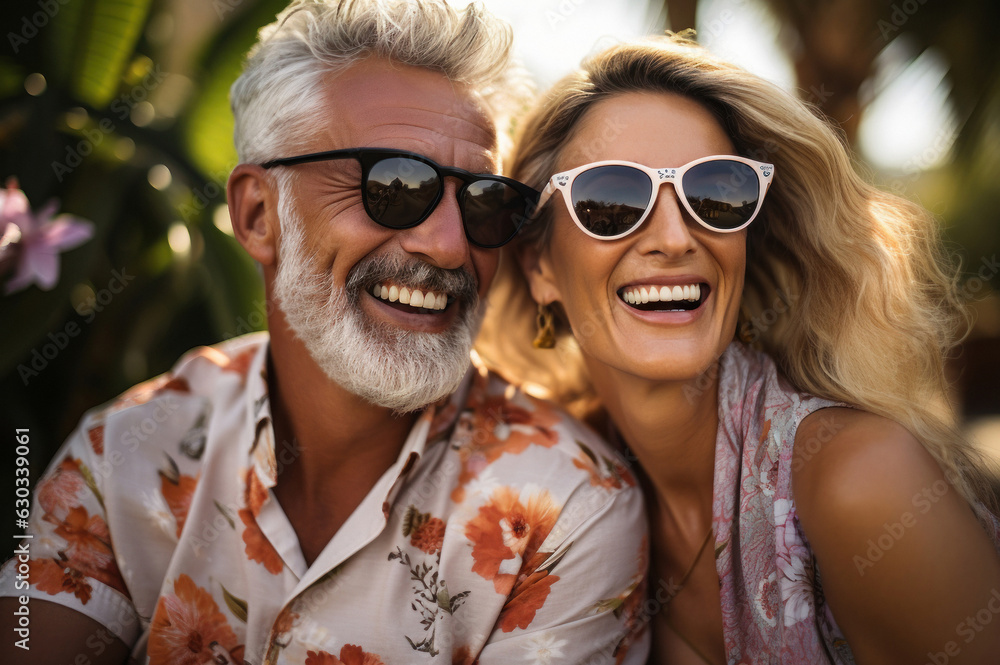 Cheerful couple wearing sunglasses exploring new place on sunny day, and their smiles reflect excitement of adventure in lively city. Fictional people.